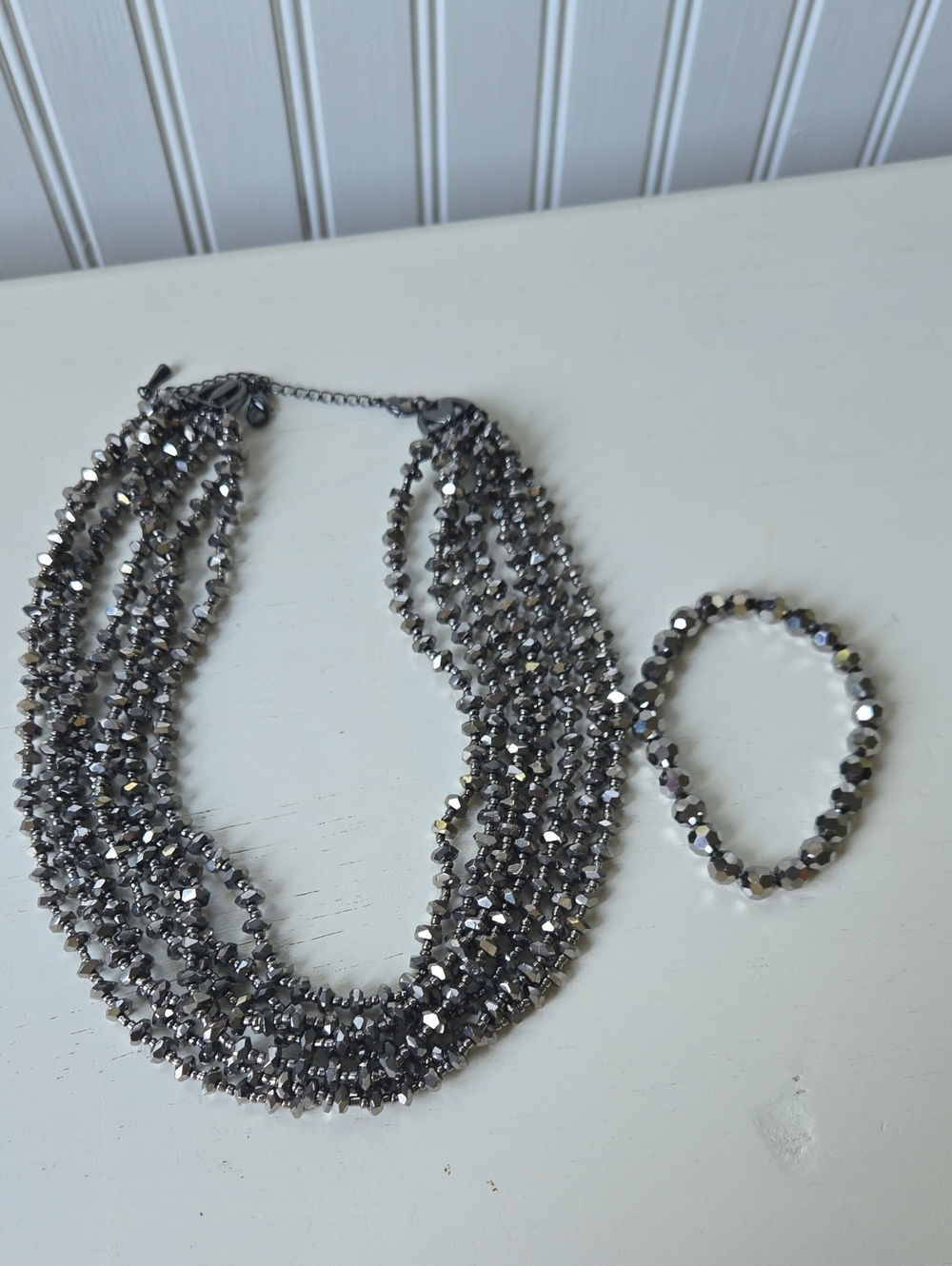 Gunmetal Multi-Strand Beaded Necklace and Bracelet Set